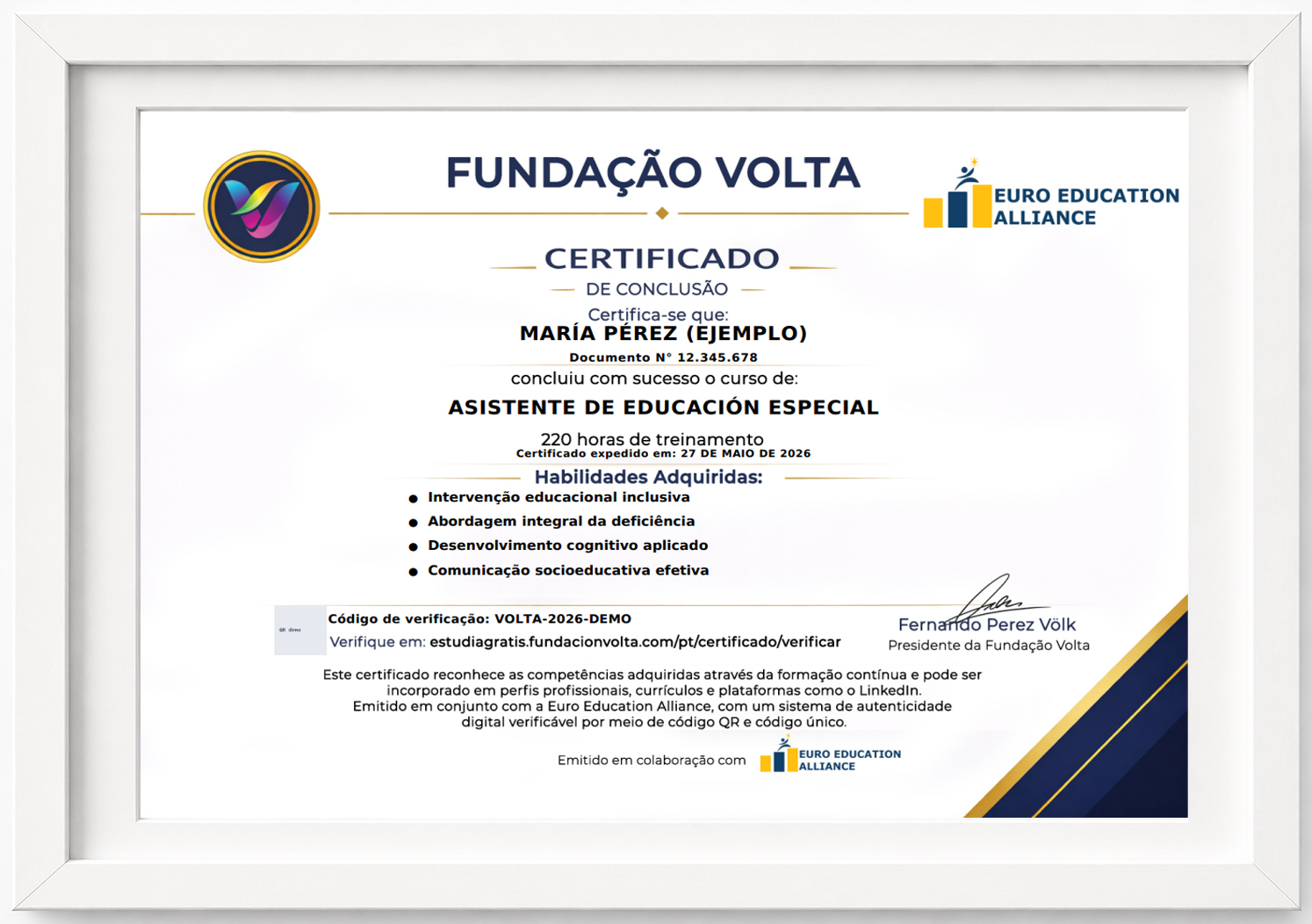 Exemplo de certificado Fundação Volta
